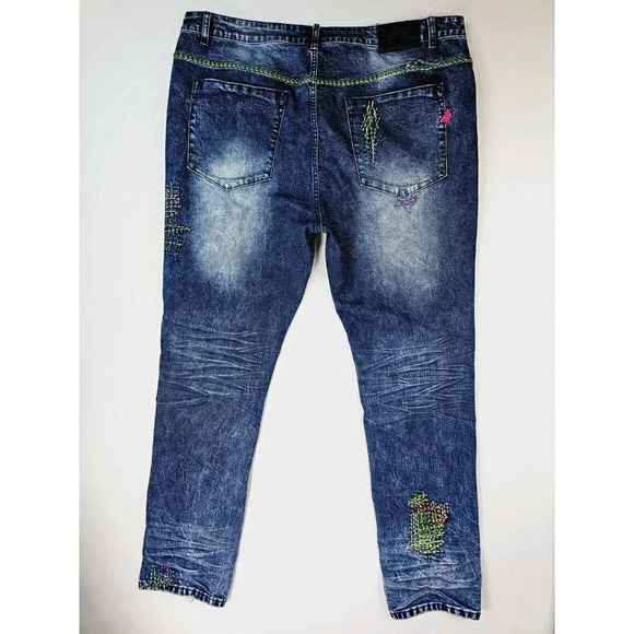 Staple Pigeon Size 40X32 Men's Factory Stich Distressed Blue Denim Logo Jeans - Picture 1 of 13